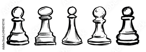 Five hand-drawn chess pawns are arranged in a row, showcasing different artistic interpretations of the game piece.