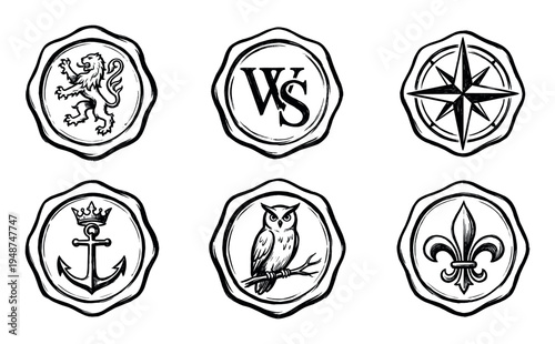 Collection of six hand-drawn vintage style wax seals featuring various heraldic and symbolic emblems like a lion, anchor, owl, and compass rose.