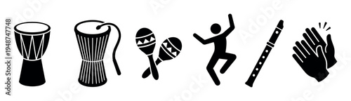 Monochromatic collection of musical instrument and celebration icons featuring drums, maracas, a dancer, and rhythmic clapping hands.