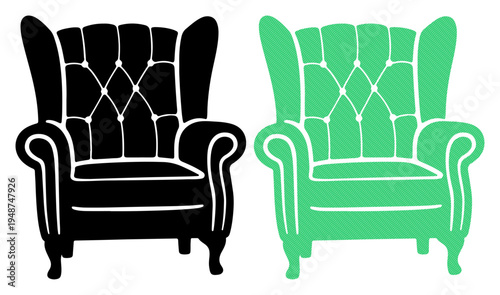 Two contrasting wingback armchairs, one black silhouette and one vibrant green outline, on white background.