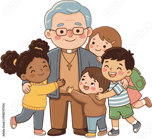 Elder Priest Hugging Children Cartoon Illustration