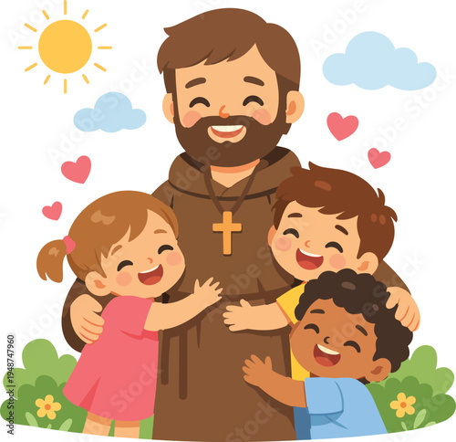 Illustration of catholic priest surrounded by children representing kindness, faith, and spiritual care.