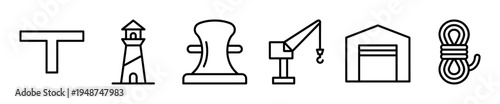 Outline icons representing various essential elements found in a bustling port or harbor environment.