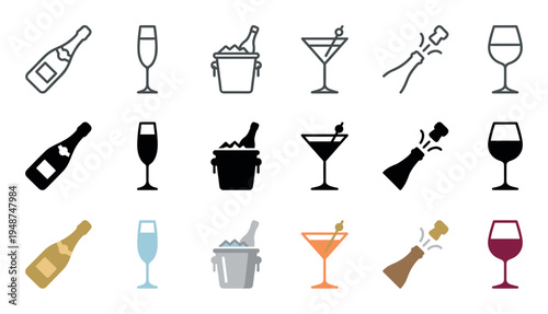 Diverse set of champagne and wine icons are presented in outline, solid, and colored styles for celebration and beverage themes.