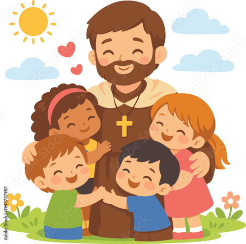 PrintIllustration of a kind priest hugging happy children outdoors. Concept of faith, kindness, church community, and spiritual guidance.