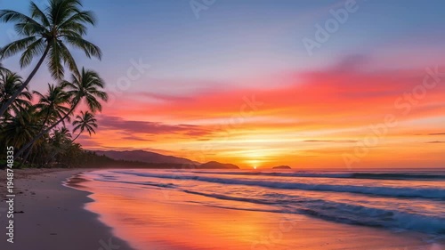 Tropical Beach Sunset with Palm Trees.