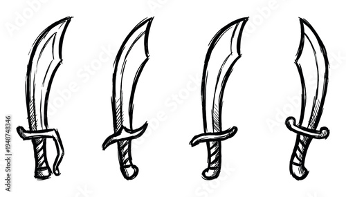 Four hand-drawn sabers with curved blades and distinct handles are arranged in a row, depicting ancient or fantasy weapons.