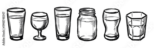 Hand-drawn sketch illustration showcasing a variety of drinking glasses and jars, some filled with liquid, in a simple line art style.
