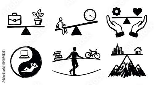 Hand-drawn doodle icons illustrate various concepts of balance, well-being, and life choices, including work-life harmony and time management.