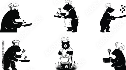 Bear chef cooking silhouettes set, funny cooking bear vector illustration collection