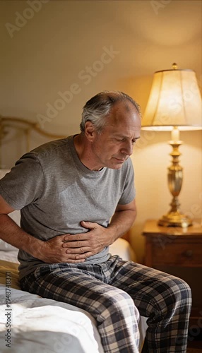 Older man senior male adult person with stomach abdomen pain and abdominal ache, mature older male with stomach ache and health issue, senior man suffering stomach pain and abdomen ache in bedroom