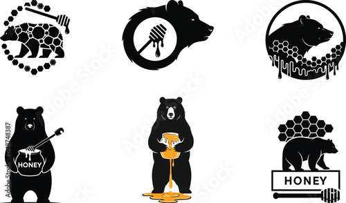 Bear honey logo set, wild bear honey mascot and beehive emblem vector collection