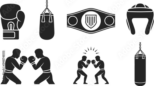 Boxing Gloves, Punching Bags, Championship Belt, Headgear, and Fighters