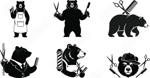 Bear barber mascot logo collection with scissors comb clipper hairstyle salon stylist animal character vintage vector illustration set