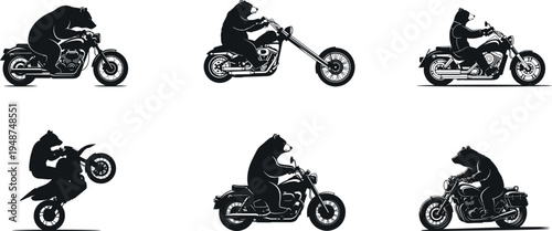 Bear riding motorcycle silhouettes set, funny biker bear vector illustration collection