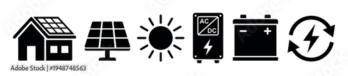 Set of black icons representing solar energy and renewable power, including a house, solar panel, sun, inverter, battery, and recycling symbol.