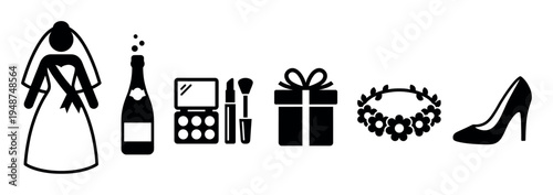 Set of black and white icons depicting wedding and bachelorette party essentials like a bride, champagne, and makeup.
