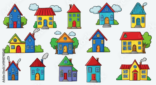 Set of various hand-drawn style cartoon houses in bright colors with trees, clouds, and chimneys, perfect for children's books and friendly web design.