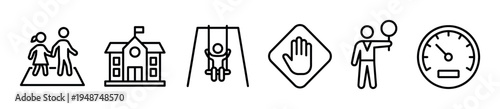 Collection of line icons representing school, children, playground activities, and safety measures, including a crossing guard and a speedometer.