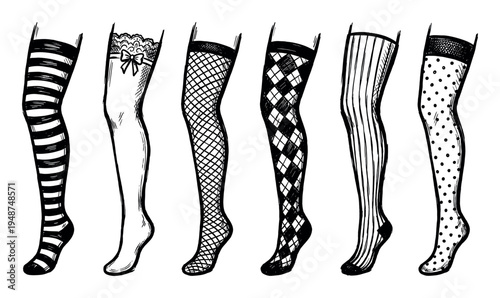 Collection of six hand-drawn women's thigh-high stockings featuring diverse patterns like stripes, fishnet, and polka dots.