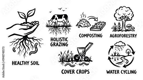Illustrations depict various sustainable agriculture practices including healthy soil, holistic grazing, composting, agroforestry, cover crops, and water cycling.