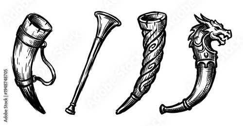 Set of four hand-drawn vintage horns, including a drinking horn, a bugle, a twisted horn, and a decorative dragon-head horn.