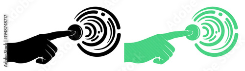 Finger pressing a circular button with concentric rings, symbolizing interaction and technology.