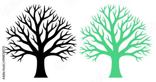 Bare tree silhouettes, one black and one vibrant green, against a white background.