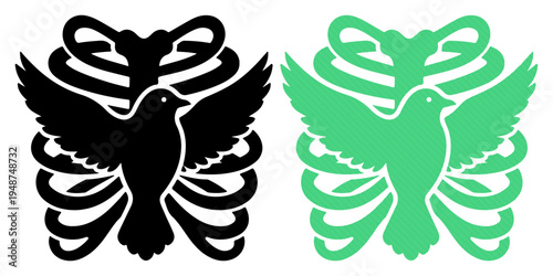 Stylized dove emerging from ribcage, symbolizing freedom and hope