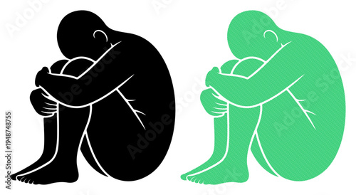 Two stylized figures, one black and one green, in fetal position representing isolation and mental health.