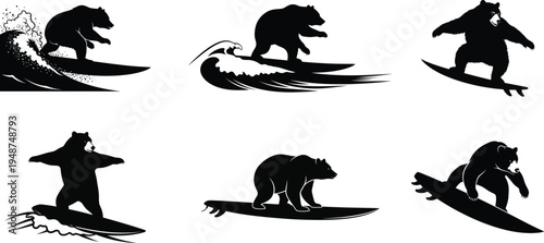 Bear surfing silhouettes set wild animal riding ocean waves on surfboard extreme sport vector illustration isolated collection