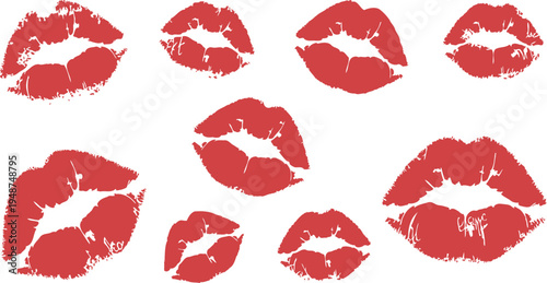 collection of red lipstick kiss marks on white background vector illustration