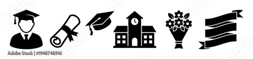Black silhouette icons depicting graduation, academic achievements, and educational celebration elements.