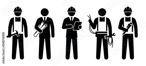 Construction and engineering professionals depicted as stick figures performing various tasks like building, planning, and driving.