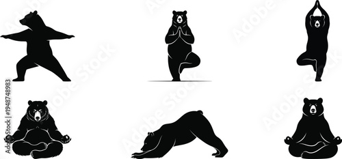 Funny bear yoga silhouettes set, animal yoga poses vector illustration
