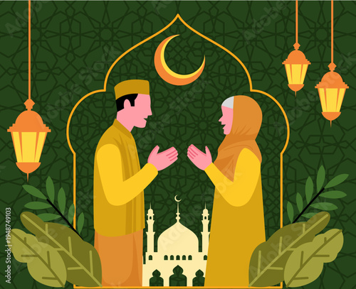 Muslim couple with greeting gesture and a mosque silhouette and islamic ornament in the background