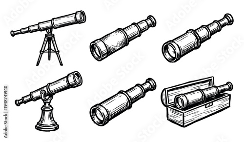 Collection of vintage hand-drawn telescopes and spyglasses in various styles, including some on tripods and one in a wooden case.