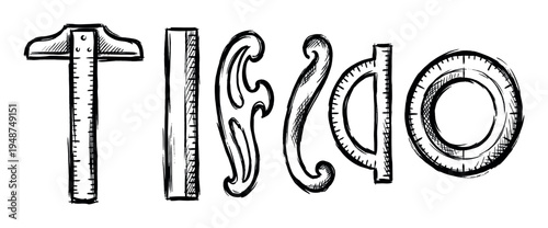Collection of hand-drawn drafting and measuring tools, including a T-square, ruler, French curves, protractor, and compass, rendered in a sketch style.