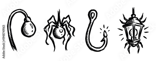 Various hand-drawn sketchy icons including a street lamp, a spider, a fishing hook, and a hanging lantern.