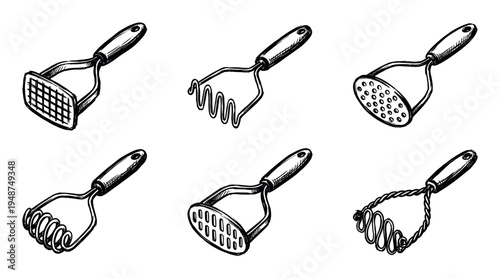 Collection of six hand-drawn sketch illustrations depicting various kitchen potato mashers.