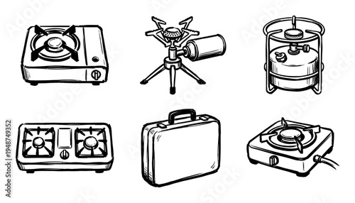 Collection of hand-drawn portable gas stoves and camping cooking equipment, including single and double burner units, and a compact carrying case.