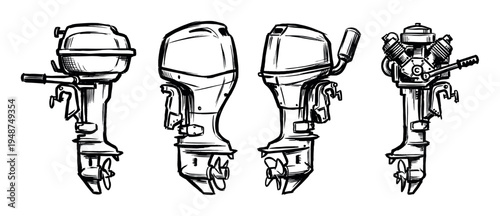 Four hand-drawn outboard boat motors are depicted in various perspectives, showcasing their design and mechanical details.
