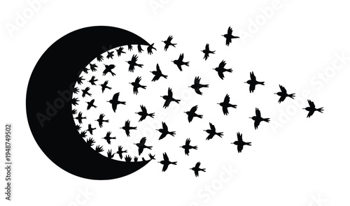 Silhouette of a crescent moon with a flock of birds flying away