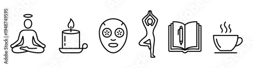 Set of minimalist line art icons representing various self-care and wellness activities such as meditation, yoga, and relaxation.