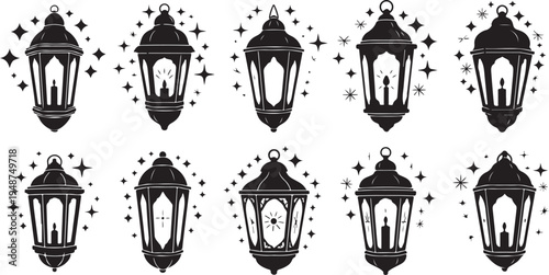Black and white lanterns with starry night sky designs