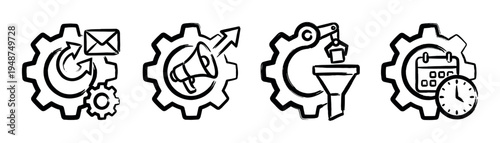 Hand-drawn collection of business process icons featuring gears with symbols for communication, marketing, automation, and scheduling.