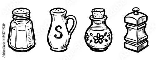 Collection of various kitchen condiment containers including salt and pepper shakers, an oil bottle, and a pepper mill in a hand-drawn sketch style.