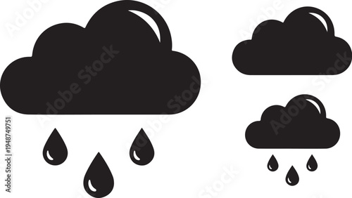 Black cloud and rain drop weather icons on white