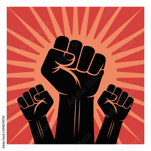 Three Black Fists Raised in Solidarity Against a Sunburst Background