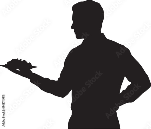 Silhouette of a Waiter Holding a Plate of Food on White Background